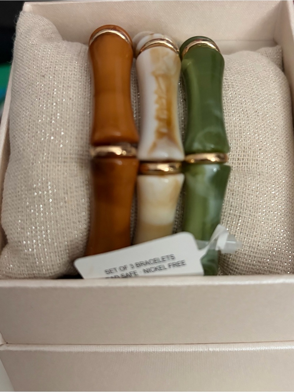 Piper K Set of 3 Bamboo-Style Resin Bracelets in Brown, Cream & Green